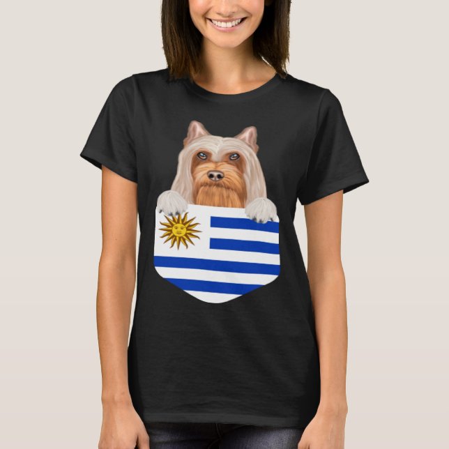 Uruguay Flag Silky Terrier Dog In Pocket T-Shirt (Front)