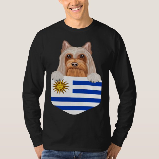 Uruguay Flag Silky Terrier Dog In Pocket T-Shirt (Front)