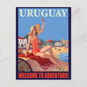 Uruguay, girl on the beach, vintage travel postcard