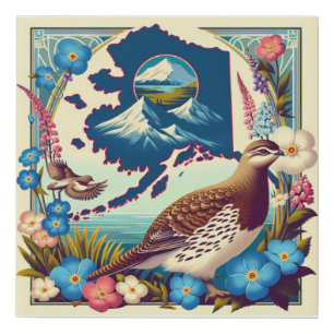 US Alaska State Bird and Flower Design Faux Canvas Print