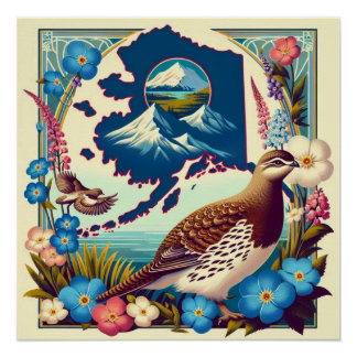 US Alaska State Bird and Flower Design Poster