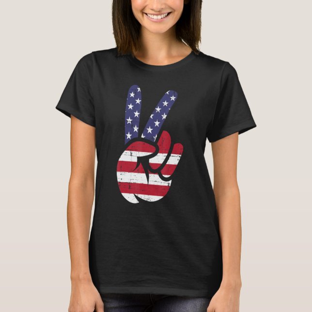 US American Flag and Patriotic Peace Sign of Hand T-Shirt (Front)