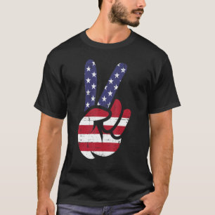 US American Flag and Patriotic Peace Sign of Hand T-Shirt