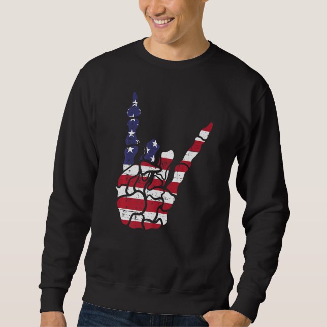 US American Flag and Patriotic Skeleton Rock Sign  Sweatshirt (Front)