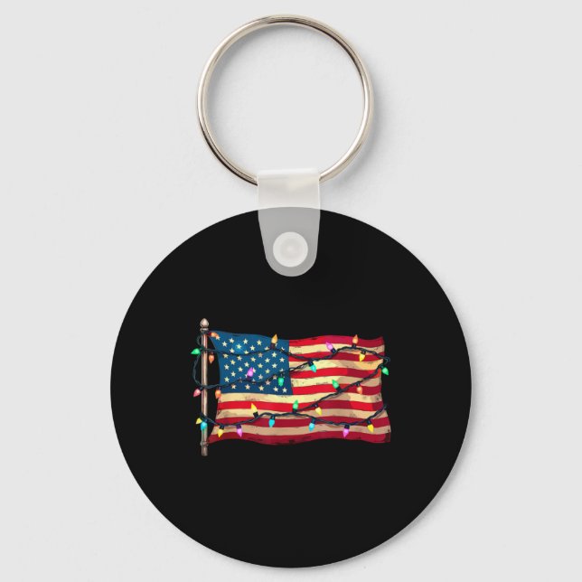 Us American Flag Christmas Lights Xmas Party Santa Keychain (Front)