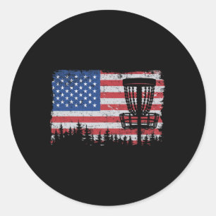 Us American Flag Disc Golf Basket Frisbee Vintage  Classic Round Sticker