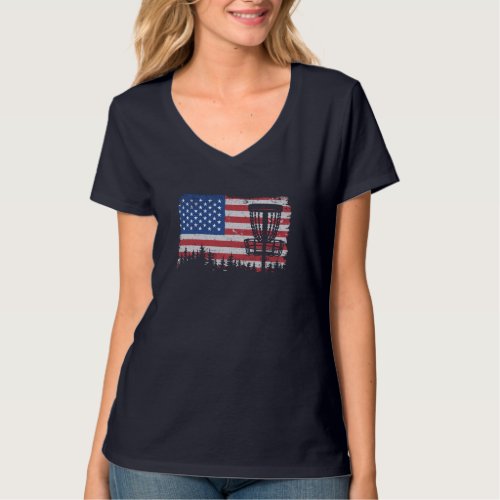US American Flag Disc Golf Basket Frisbee Vintage  T_Shirt
