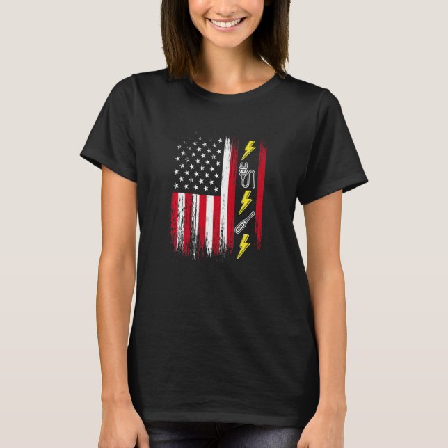 US American Flag  Electricity  Electrician Lineman T-Shirt (Front)
