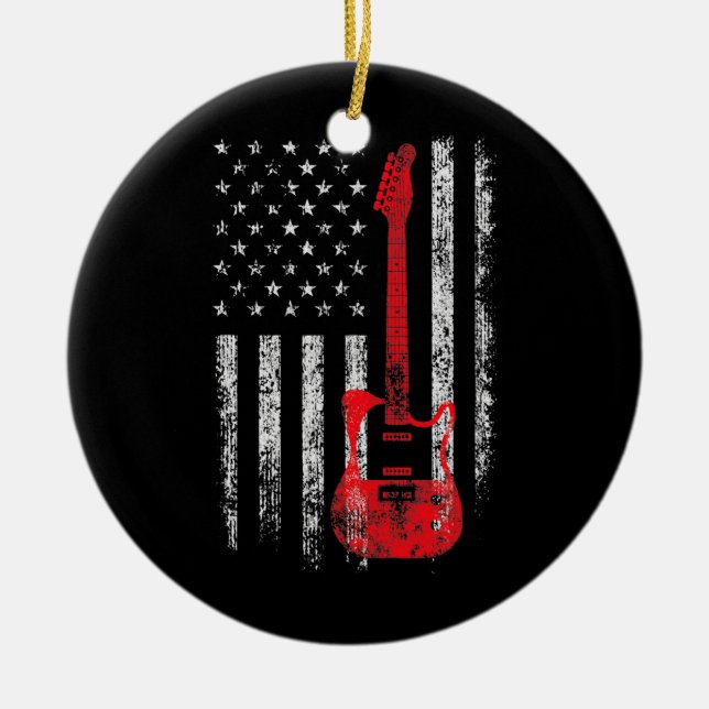 US American Flag Guitar Musician Distressed Ceramic Ornament (Front)
