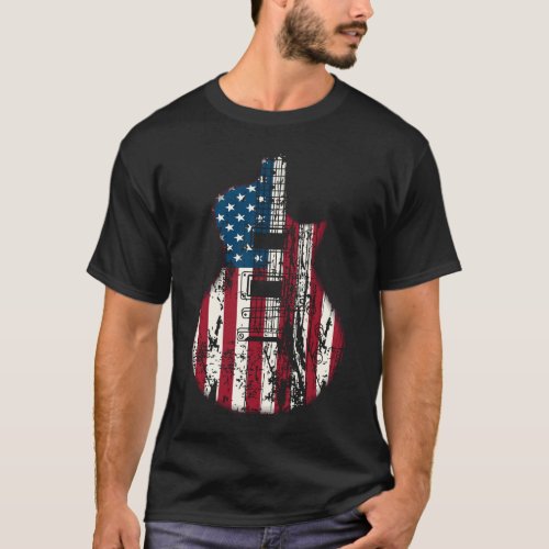 Us American Flag Guitar Musician Distressed Guitar T_Shirt