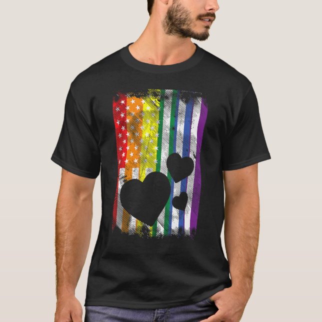 US American Flag Hearts LGBTQ Rainbow Flag Gay Pri T-Shirt (Front)