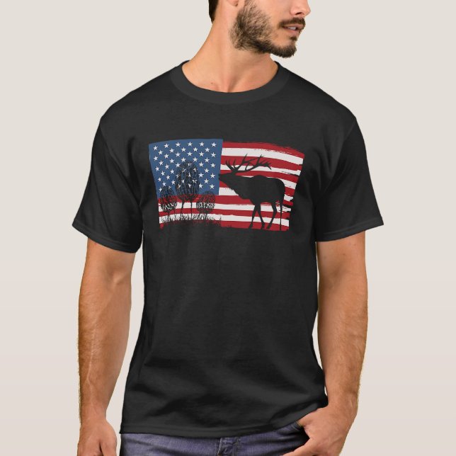 US American Flag Morel Mushroom Hunting Big Game E T-Shirt (Front)