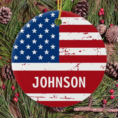 US American Flag Personalized Red Blue Patriotic Ceramic Ornament