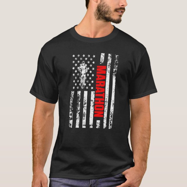 US American Flag Running Sports Patriotic Half Mar T-Shirt (Front)