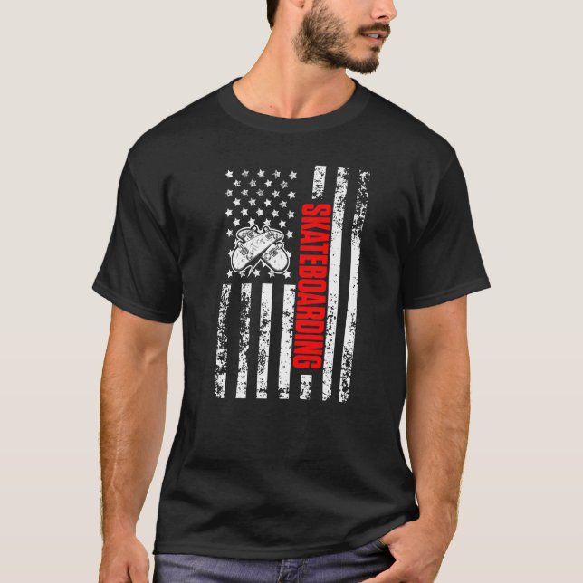 US American Flag Skateboard Sports Patriotic Skate T-Shirt (Front)