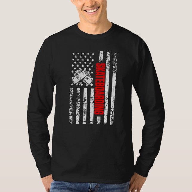 US American Flag Skateboard Sports Patriotic Skate T-Shirt (Front)
