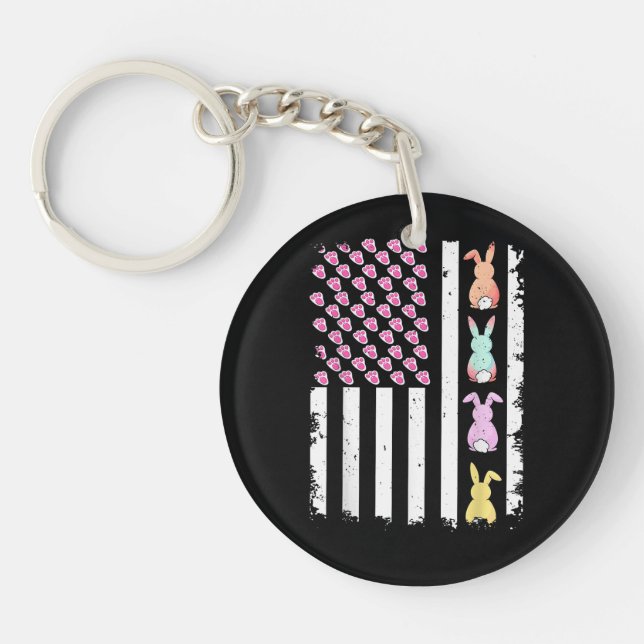 US American Flag with Bunny for Easter Day Keychain (Front)