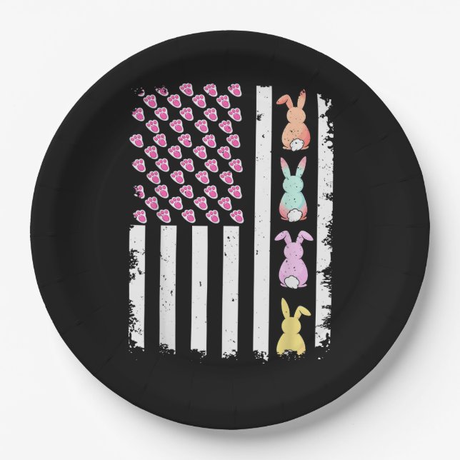 US American Flag with Bunny for Easter Day Paper Plates (Front)