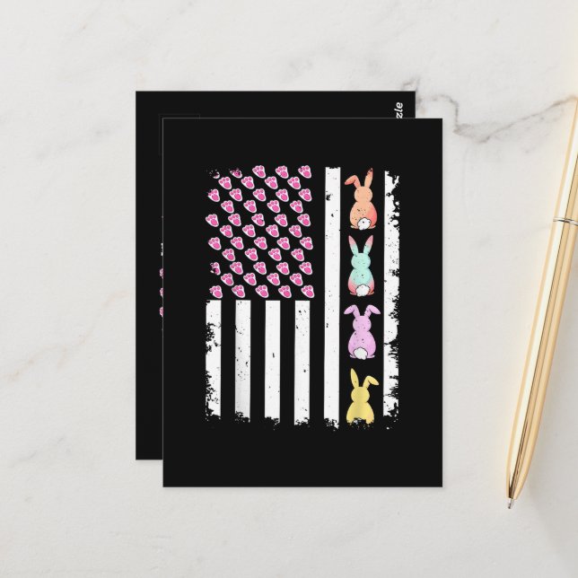 US American Flag with Bunny for Easter Day Postcard (Front/Back In Situ)