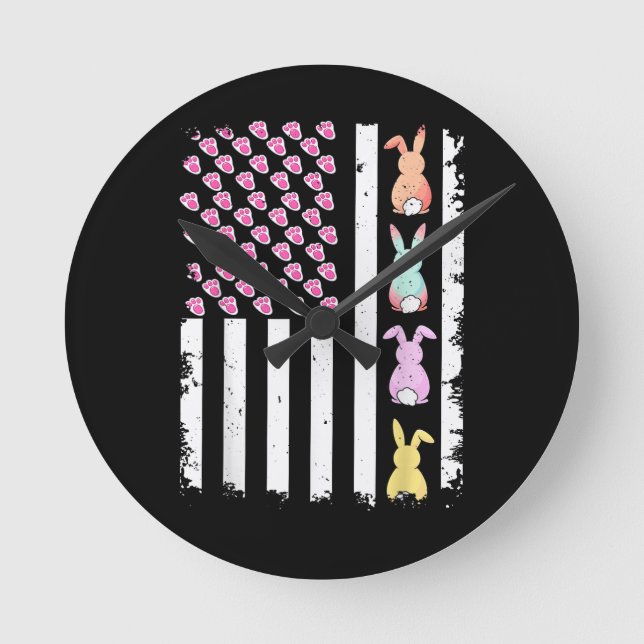 US American Flag with Bunny for Easter Day Round Clock (Front)