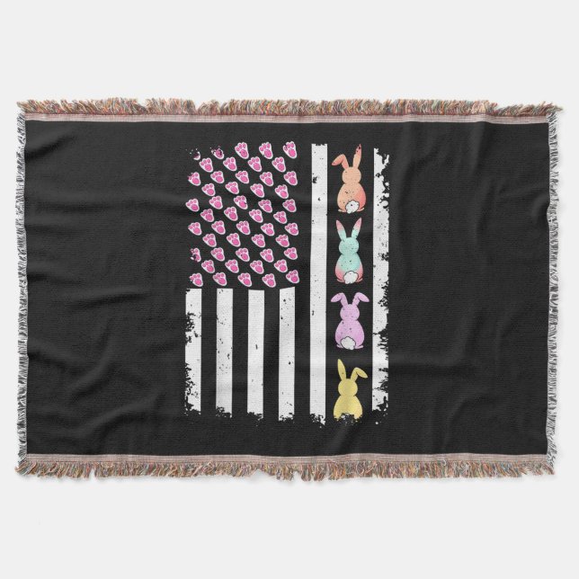 US American Flag with Bunny for Easter Day Throw Blanket (Front)