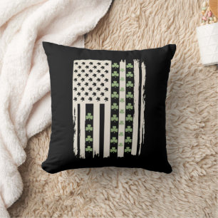 US American Flag With Shamrocks for St Patricks  Throw Pillow