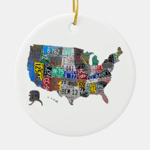 US American United States Map Flag License Plate Ceramic Ornament
