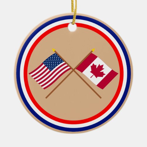 US and Canada Crossed Flags Ceramic Ornament