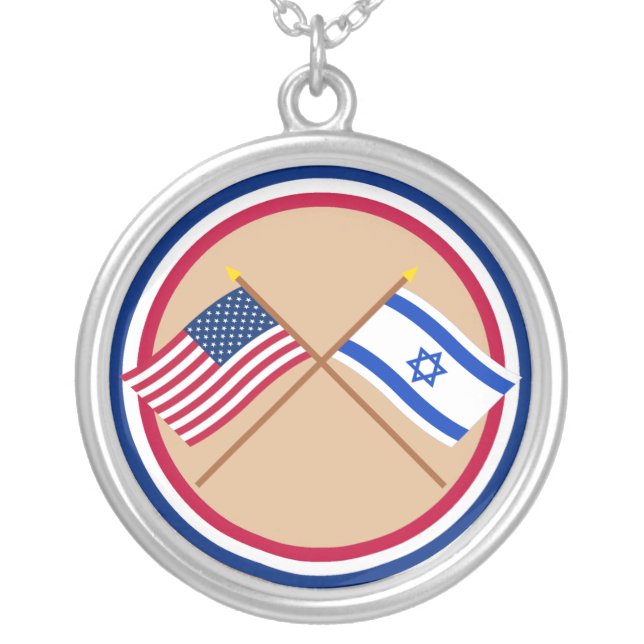 US and Israel Crossed Flags Silver Plated Necklace (Front)