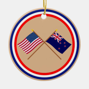 US and New Zealand Crossed Flags Ceramic Ornament