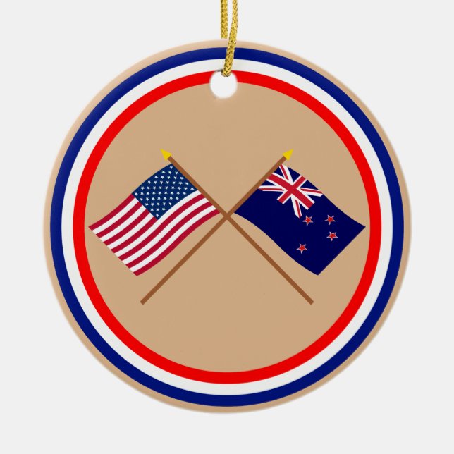 US and New Zealand Crossed Flags Ceramic Ornament (Front)