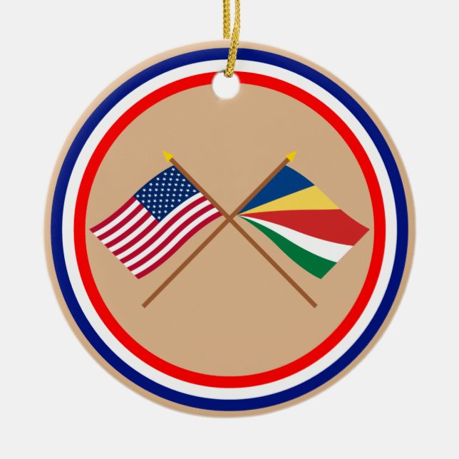 US and Seychelles Crossed Flags Ceramic Ornament (Front)