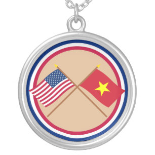 US and Vietnam Crossed Flags Silver Plated Necklace