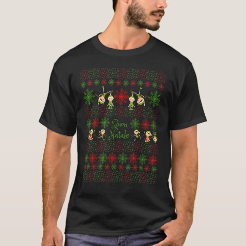US Buon Natale Elf Snowflake Pattern Red Green T_Shirt
