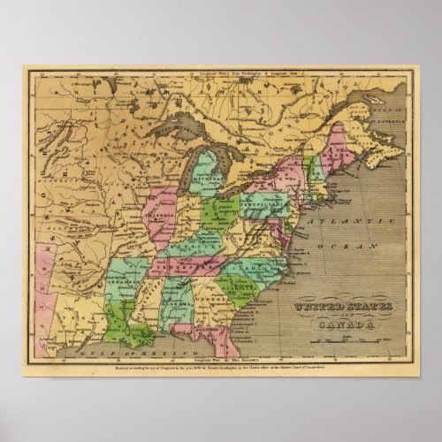 US Canada Hand Colored Atlas Map Poster