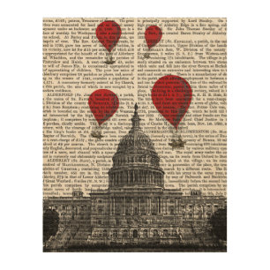 US Capitol Building and Red Hot Air Balloons Wood Wall Art