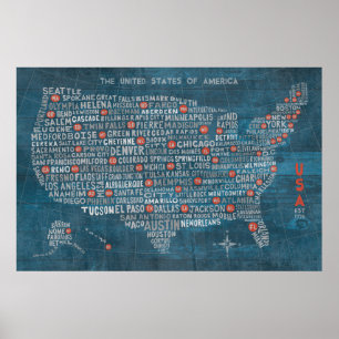 US City Map on Wood Blue Poster