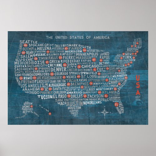 US City Map on Wood Blue Poster