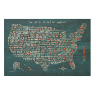 US City Map on Wood Blue Wall Decor