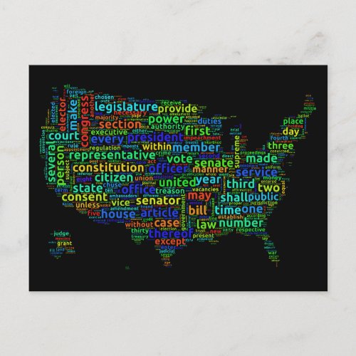 US Constitution Word Cloud Map on Black Background Postcard