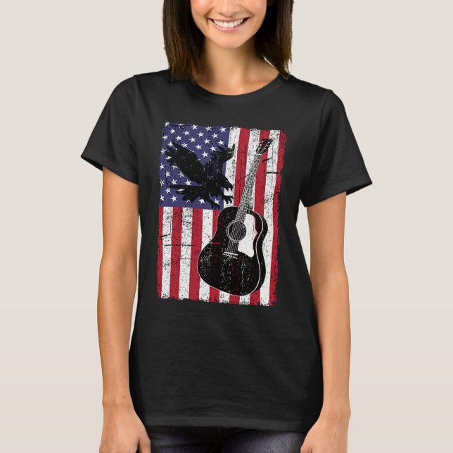 US Flag Acoutic Guitar American Eagle Distressed G T-Shirt (Front)