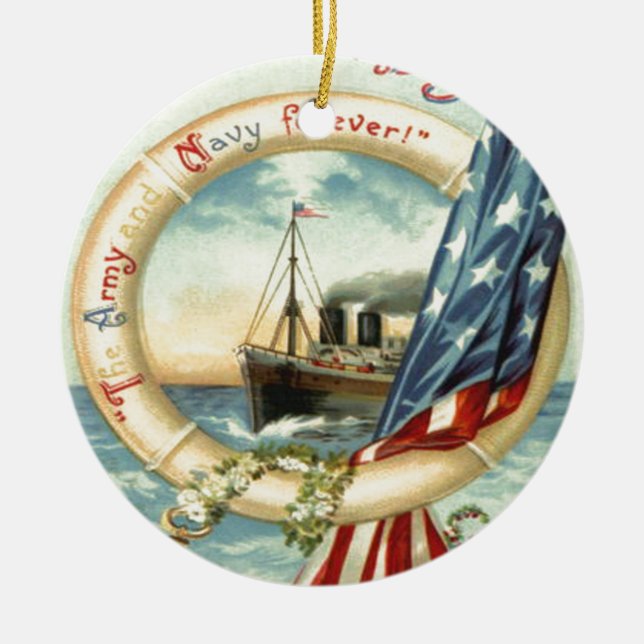 US Flag Anchor Flowers Life Preserver Ceramic Ornament (Front)