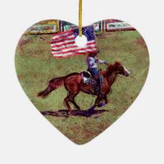 US Flag and Horse Cowgirl American Rodeo Art Ceramic Ornament