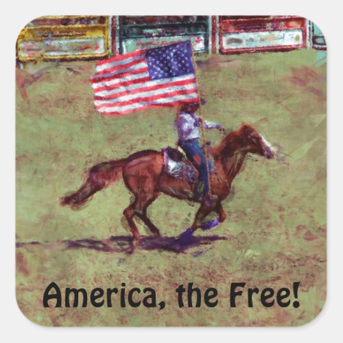 US Flag and Horse Cowgirl American Rodeo Art Square Sticker