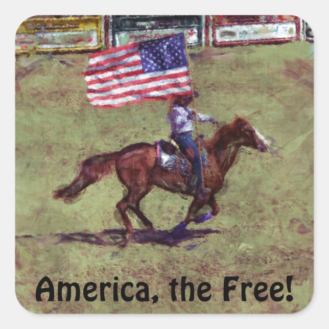 US Flag and Horse Cowgirl American Rodeo Art Square Sticker (Front)