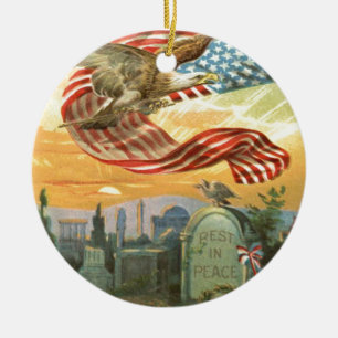 US Flag Bald Eagle Cemetery Tombstone Wreath Ceramic Ornament