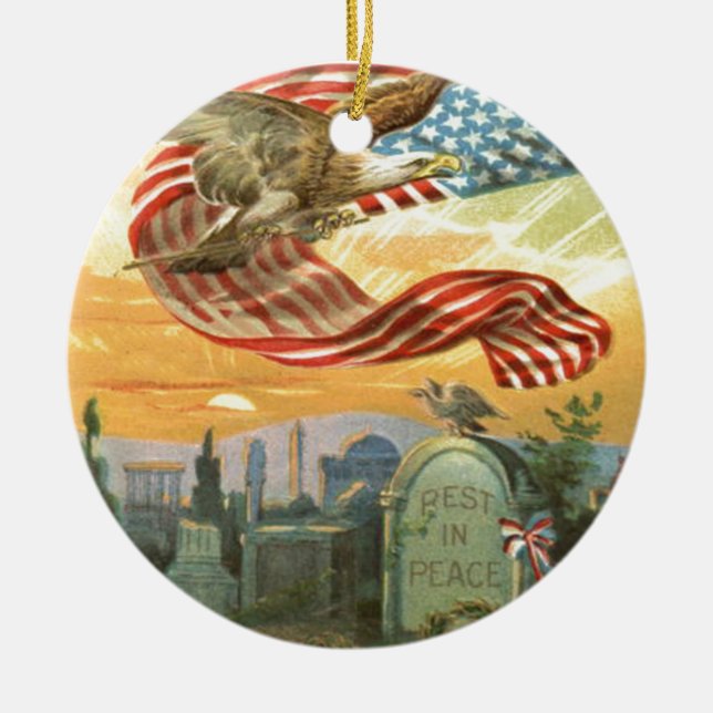 US Flag Bald Eagle Cemetery Tombstone Wreath Ceramic Ornament (Front)