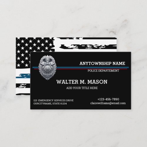  US Flag Blue Line Police Officer Silver Badge Business Card