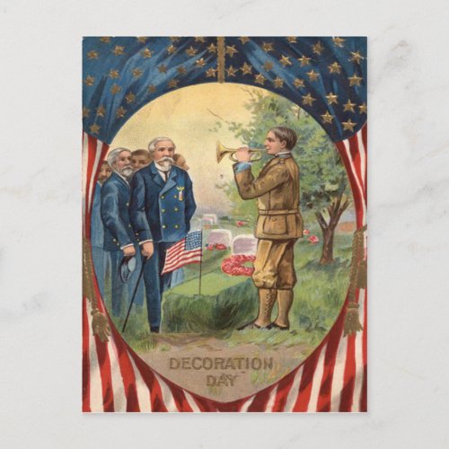 US Flag Bugle Taps Cemetery Wreath Postcard