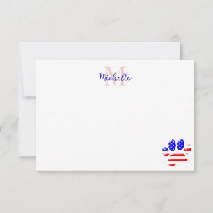 US Flag Dog Paw Print Monogram Note Card